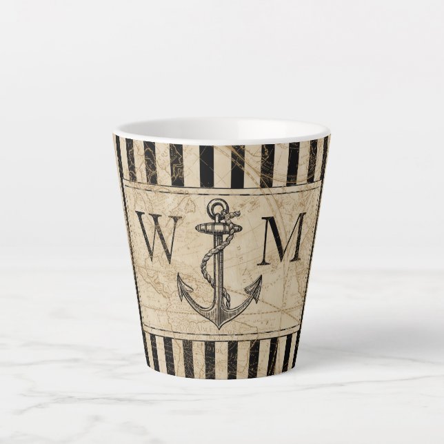 Nautic Anchor Old World Map Black Monogramm Milchtasse (Vorderseite)