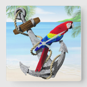 Nautic Anchor Parrot Quadratische Wanduhr