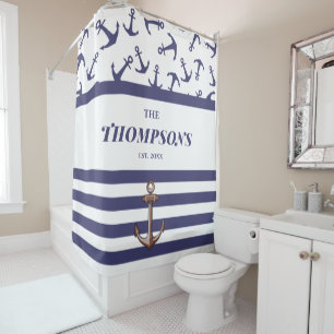 Nautic Anchor Pattern Navy Stripes Familie Duschvorhang