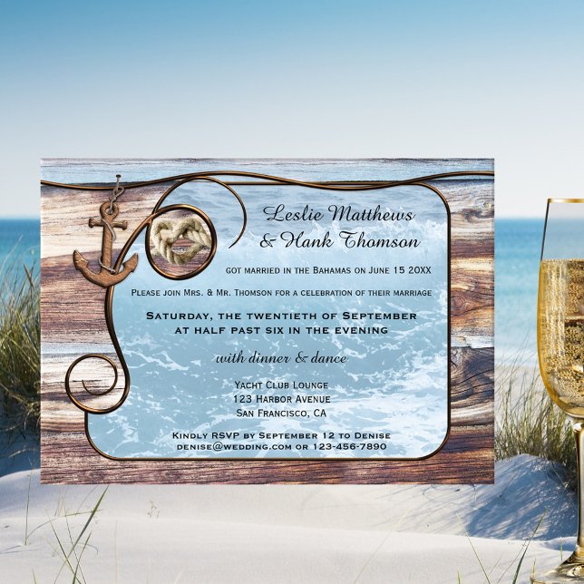Nautic Anchor Post oder nach Hochzeit Einladung (After wedding invitation featuring an ocean framed by rustic wood, an anchor and rope knot)