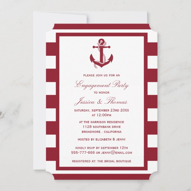 Nautic Anchor Red Stripe Engagement Party Einladung (Vorderseite)