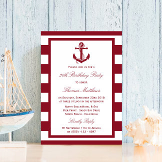 Nautic Anchor Red Stripes Beach Geburtstag Einladung
