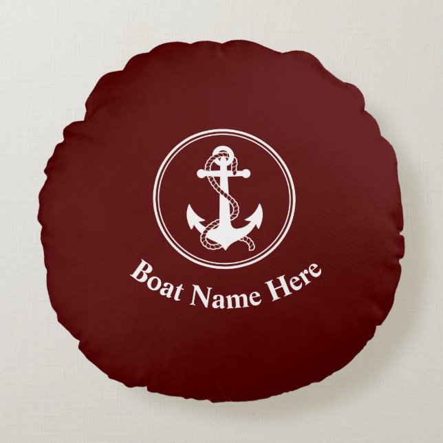 Nautic Anchor Rope Boat Name Deep Red Rundes Kissen (Vorderseite)