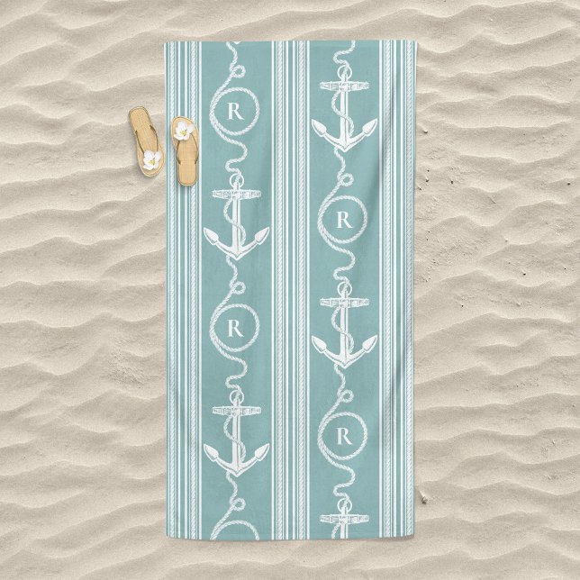 Nautic Anchor Rope Monogram Dusty Blue Strandtuch (Von Creator hochgeladen)