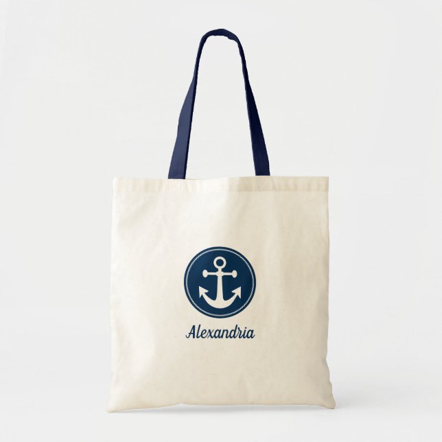 Nautic Anchor Rope Navy Blue White Custom Tragetasche (Vorne)