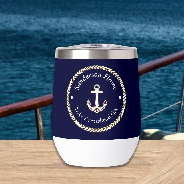 Nautic Anchor Rope Navy Blue White Monogram Name (Von Creator hochgeladen)