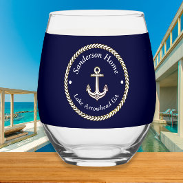 Nautic Anchor Rope Navy Blue White Monogram Name Weinglas Ohne Stiel