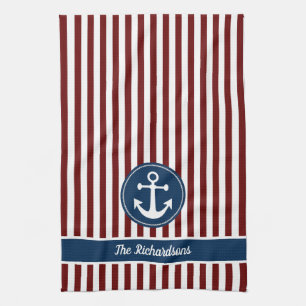 Nautic Anchor Rope Navy Red White Stripes Custom Geschirrtuch