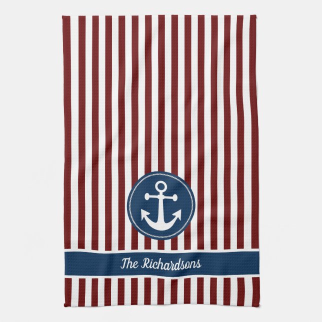 Nautic Anchor Rope Navy Red White Stripes Custom Geschirrtuch (Vertikal)