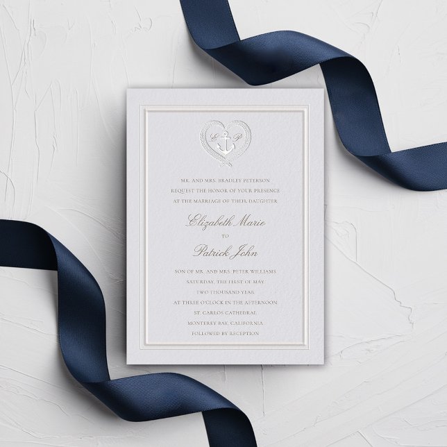 Nautic Anchor Rope Wappen Classic feierliche Hochz Einladung (nautical wedding invitation classic formal traditional frame faux embossed anchor crest monograms)