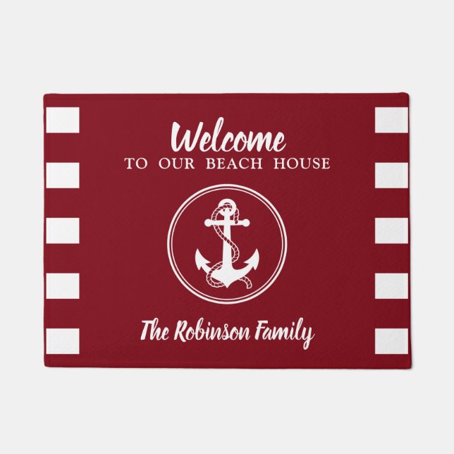Nautic Anchor Rope Welcome Beach House Name Red Fußmatte (Vorderseite)