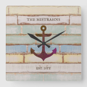 Nautic Anchor Rustic Wood Boat Name Family Quadratische Wanduhr