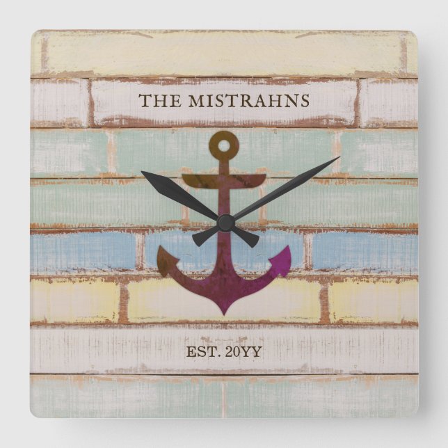 Nautic Anchor Rustic Wood Boat Name Family Quadratische Wanduhr (Vorderseite)