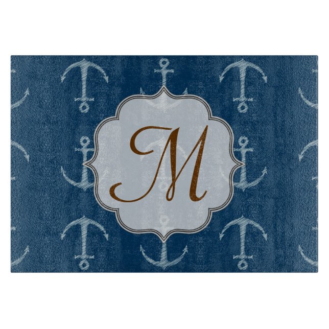 Nautic Anchor Sail Monogram Glas Cutting Board Schneidebrett (Vorderseite)