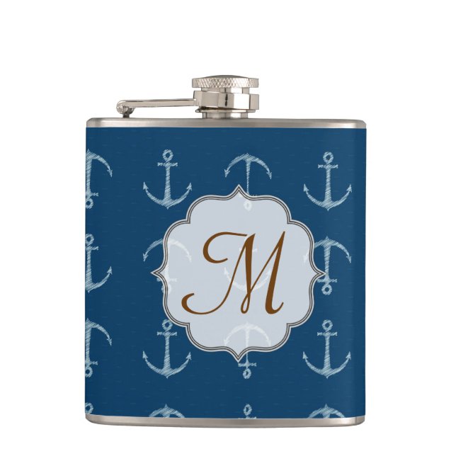 Nautic Anchor Sail Sailin Monogram Whiskey Flask Flachmann (Vorderseite)