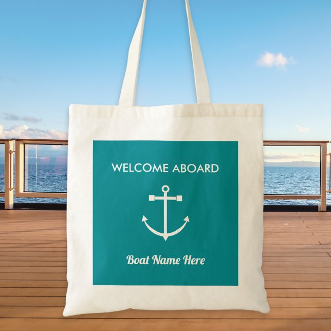Nautic Anchor Sailing Türkis Willkommen an Bord Tragetasche (A nautical tote bag with 'Welcome Aboard' greeting, anchor picture, and custom text to personalize)