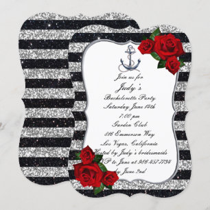 Nautic Anchor Silver Black Stripes Bachelorette Einladung