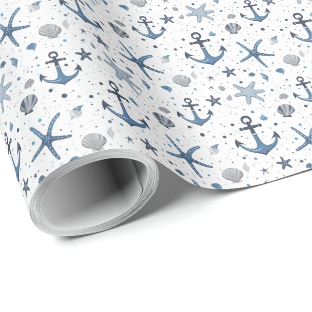 Nautic Anchor Starfish Blue and White Gift Wrap Geschenkpapier (Rolleneckpunkt)