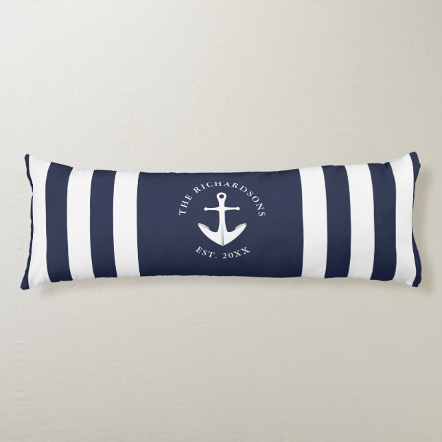 Nautic Anchor Striped Navy Blau und Weiß Seitenschläferkissen (Vorderseite)
