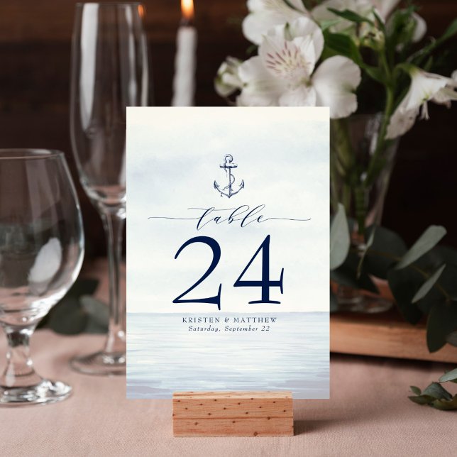 Nautic Anchor Watercolor Ocean Navy Blue Tischnummer (Watercolor ocean nautical anchor design table number card is perfect for your wedding reception.)