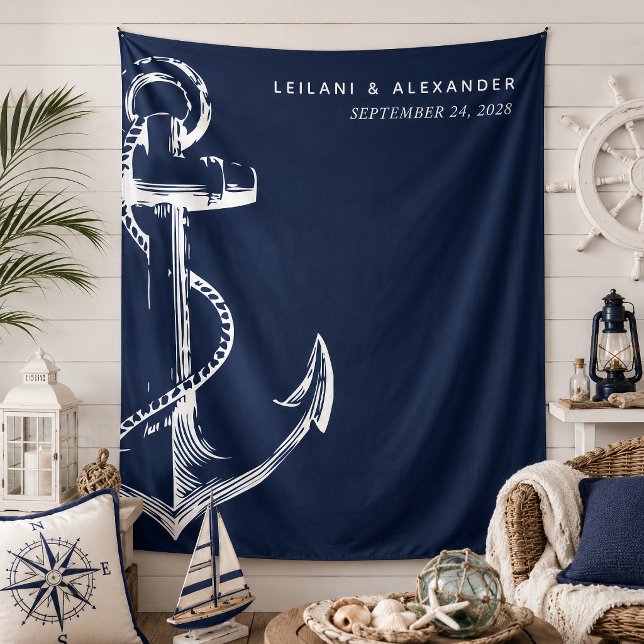 Nautic Anchor Wedding Wandteppich (Nautical anchor wedding backdrop that is modern and simple for a classic beach reception.)