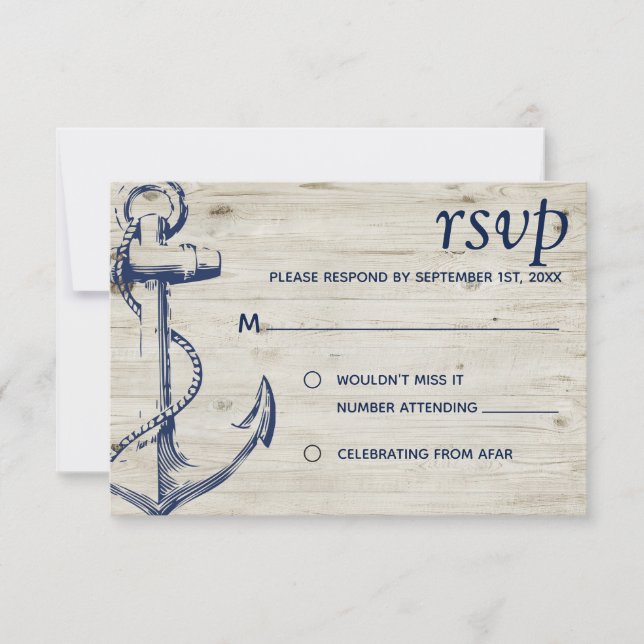 Nautic Anchor Wood RSVP Karte (Vorderseite)