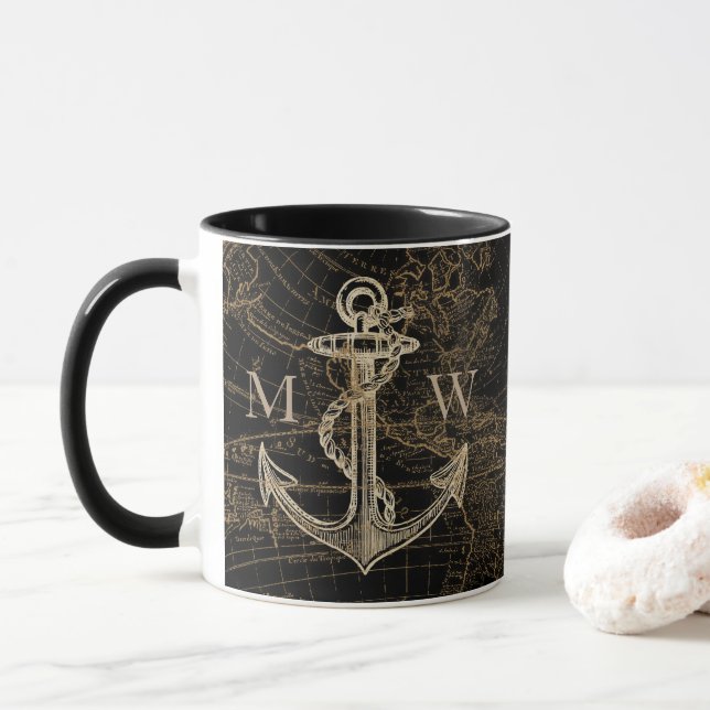 Nautic Anchor World Map Mit Monogramm Black Tasse (Mit Donut)