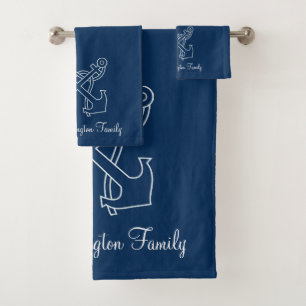 Nautic Anchors Navy Blue Familienname Badhandtuch Set