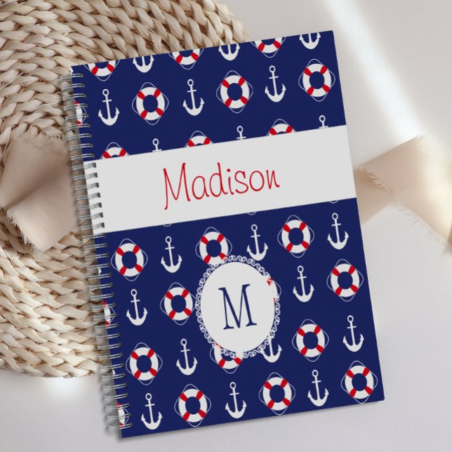 Nautic Anchors Navy Red Trendy Monogram Planer (Von Creator hochgeladen)