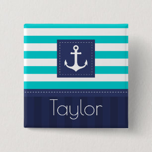 Nautic Aqua Navy Streifen Personalisierter Name Button