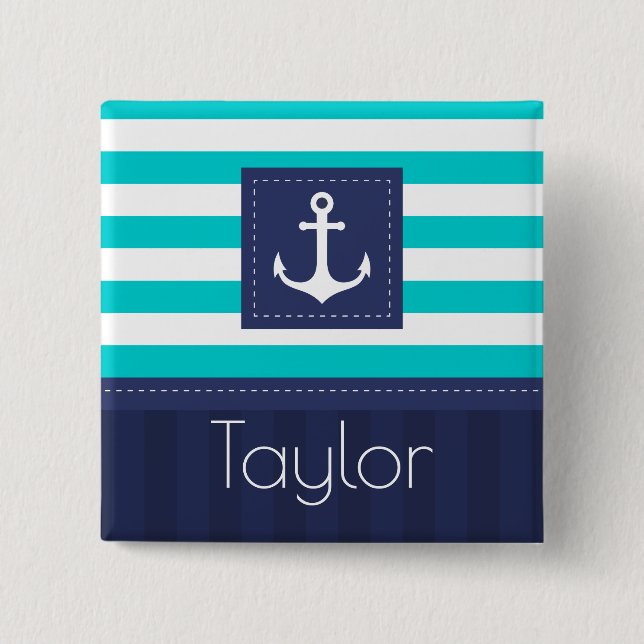 Nautic Aqua Navy Streifen Personalisierter Name Button (Vorderseite)