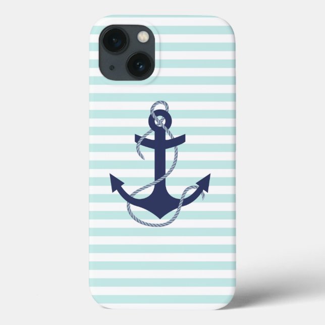 Nautic Aqua & White Stripes Navy Blue Anchor Case-Mate iPhone Hülle (Rückseite)