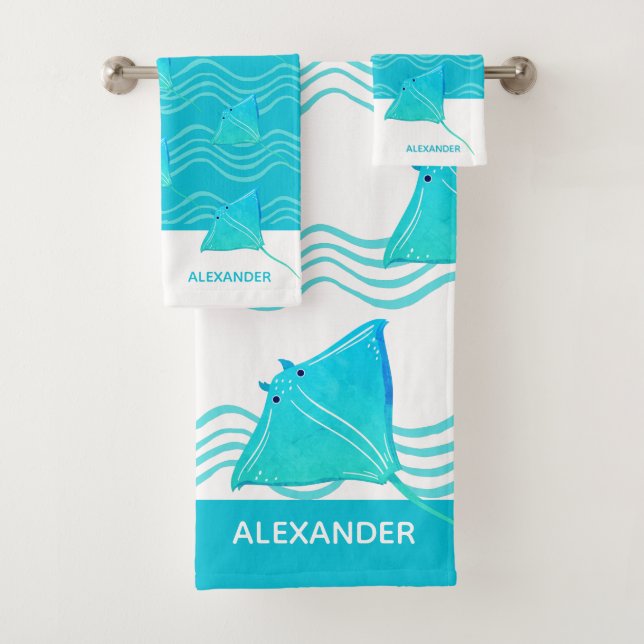 Nautic Aquamarin Blue Manta Ray Wave Badetuch Set (Insitu)