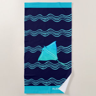 Nautic Aquamarin Blue Navy Manta Ray Wave Strandtuch