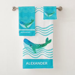 Nautic Aquamarin Blue Whale Waves Badetücher Set