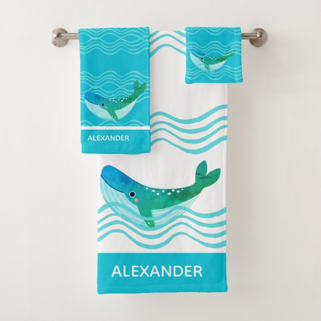 Nautic Aquamarin Blue Whale Waves Badetücher Set (Insitu)