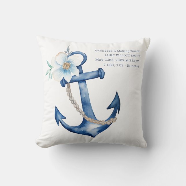 Nautic Baby Birth Stats Pillow | Blaue Farbe Kissen (Vorderseite)