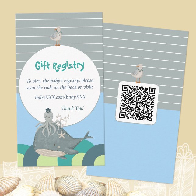 Nautic Baby Shooting Geschenk Registrierung QR Cod Begleitkarte (Nautical Baby Shower Gift Registry QR Code Blue Enclosure Card ©Susanne Sachers - Sunny Mind Design )