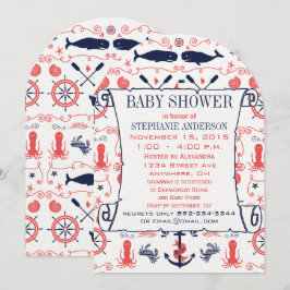 Nautic Baby Shower Cornavy Whales Octopus Einladung