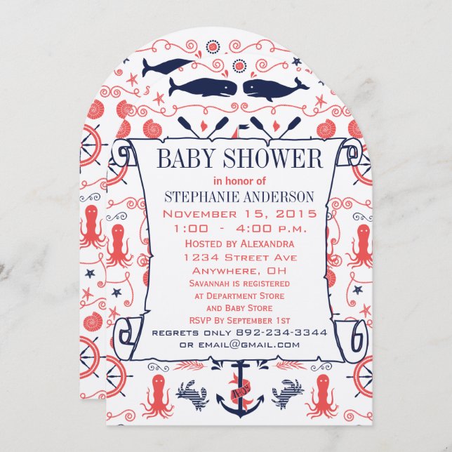 Nautic Baby Shower Cornavy Whales Octopus Einladung (Vorne/Hinten)