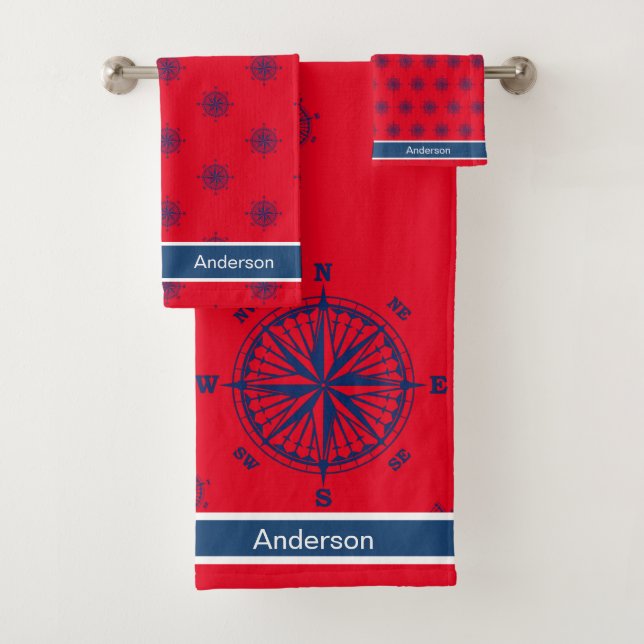 Nautic Badezimmer Red White Navy Blue Compass Badhandtuch Set (Insitu)