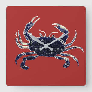 Nautic Beach Crab Marine und Red Wall Clock Quadratische Wanduhr