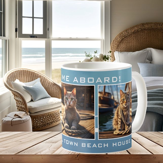 Nautic Beach House Cat Foto Kaffeetasse (Nautical cat photo mug in elegant blue and white with a wave and sparkle design - beach house)