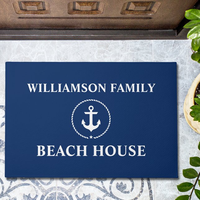 Nautic Beach House Familienname Anchor Blue Large Fußmatte (Customize to change text size, text style or background color.)
