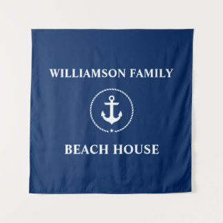 Nautic Beach House Familienname Navy Blue Square Wandteppich