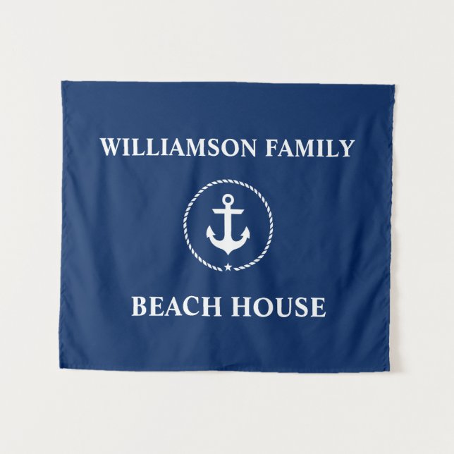 Nautic Beach House Familienname Navy Blue Wandteppich (Vorderseite (Horizontal))