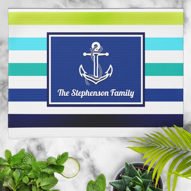 Nautic Beach Stripes Familienname Personalisiert Geschirrtuch (Von Creator hochgeladen)