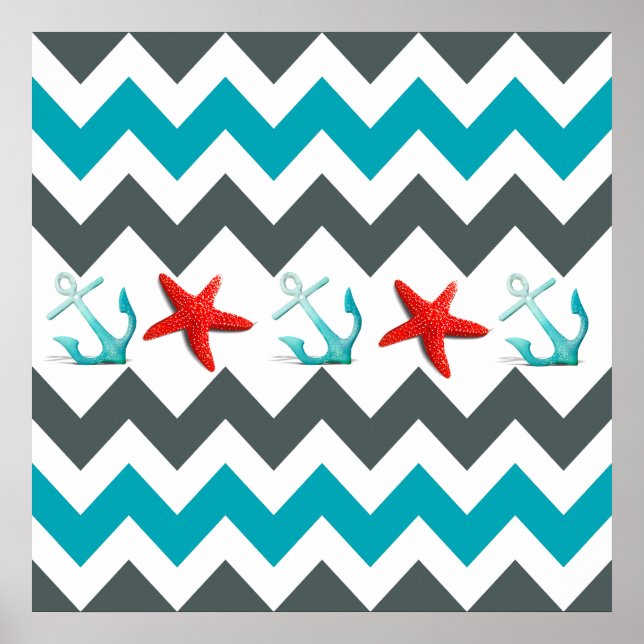 Nautic Beach Thema Zickzack Anchors Starfish Poster (Vorne)