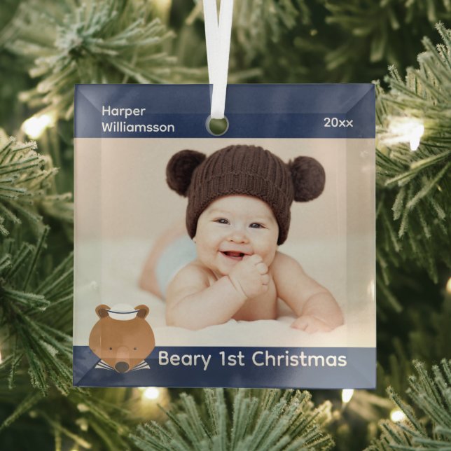 Nautic Bear Foto Baby First Christmas Ornament Aus Glas (Insitu)