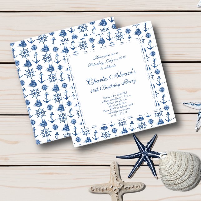 Nautic Birthday Party Blue and White Anchor Einladung (All texts are fully customizable.)